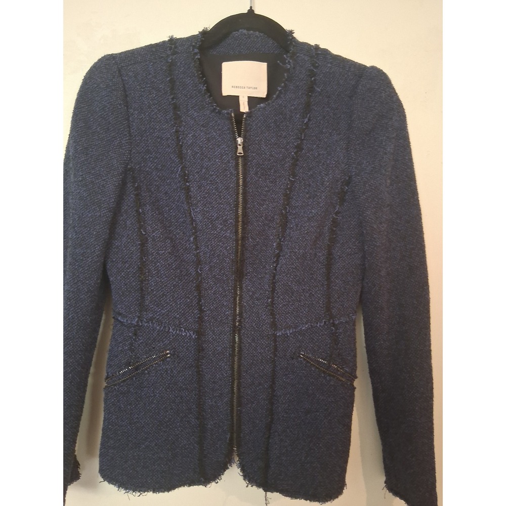Rebecca Taylor Navy Blue Tweed Zip Front Raw Edge Fringe Blazer Jacket Size 0